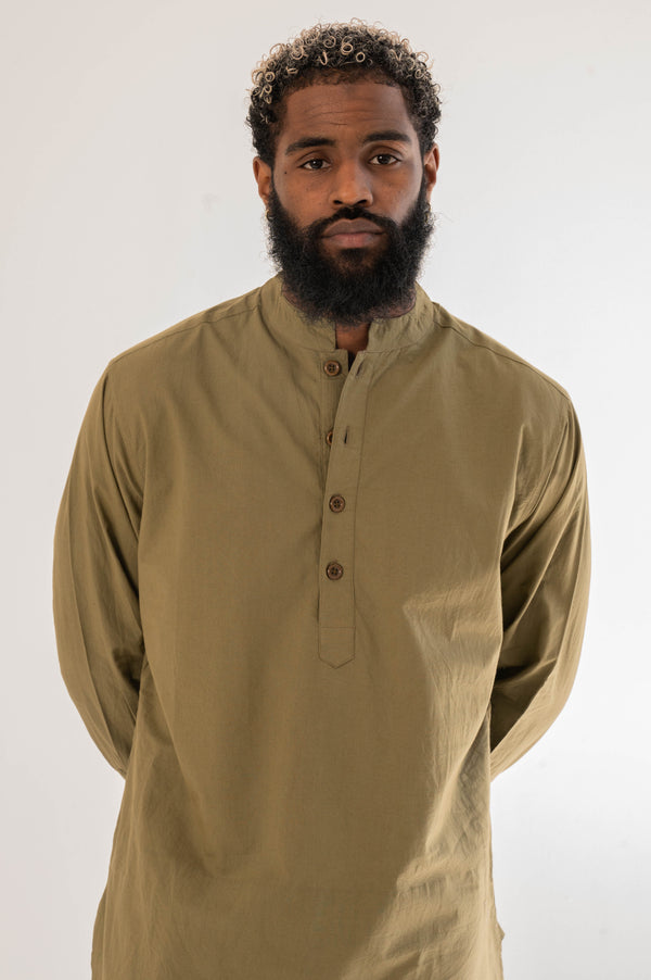 'Bombay' Pop-Over Tunic in Garment Dyed Military Olive Cotton Poplin