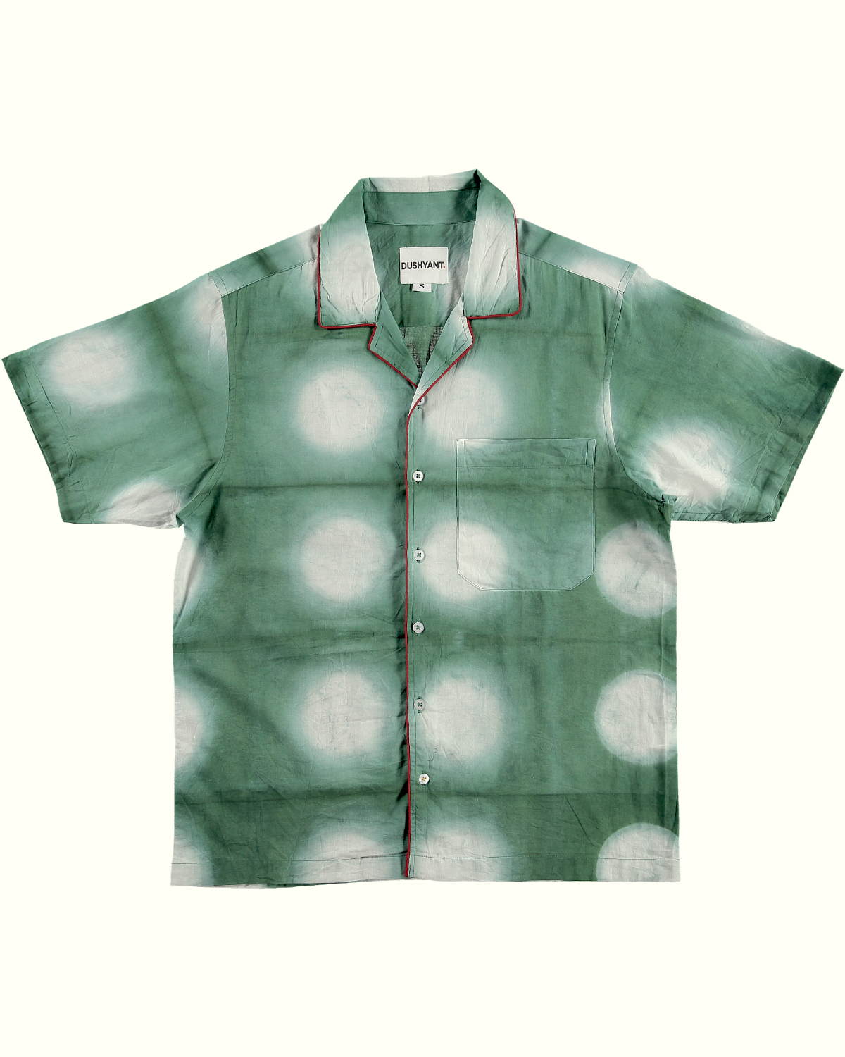 Hand Dyed 'The Don' Camp Collar Shirt in Green and White Clamp Dye with Piping