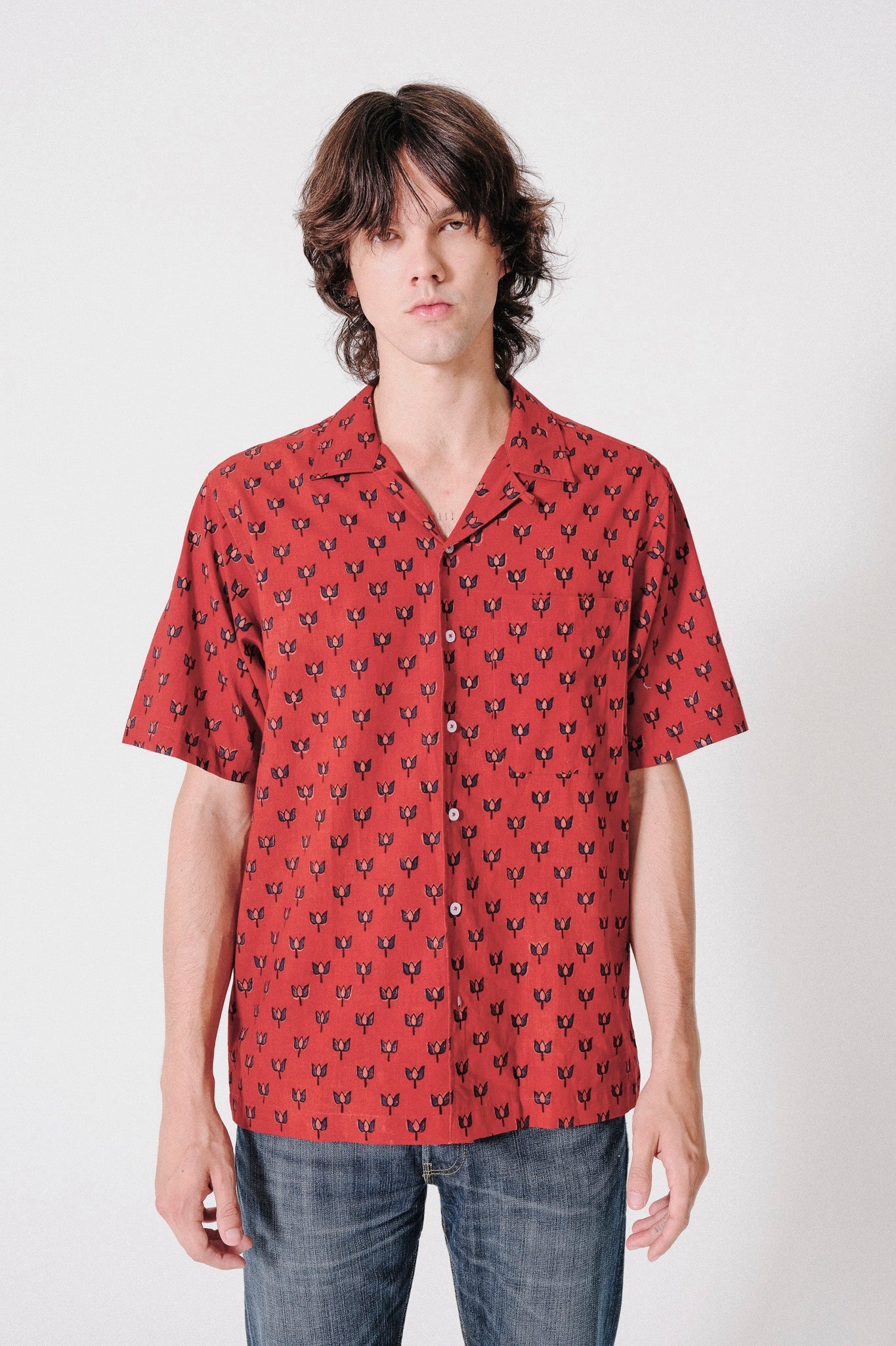 Hand Block Printed 'The Don' Camp Collar Shirt in Red Lotus Print