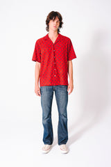 Hand Block Printed 'The Don' Camp Collar Shirt in Red Lotus Print