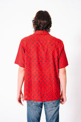 Hand Block Printed 'The Don' Camp Collar Shirt in Red Lotus Print
