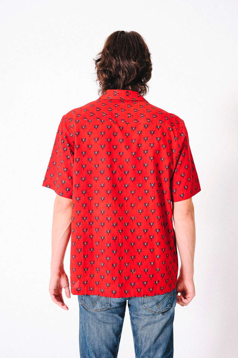 Hand Block Printed 'The Don' Camp Collar Shirt in Red Lotus Print
