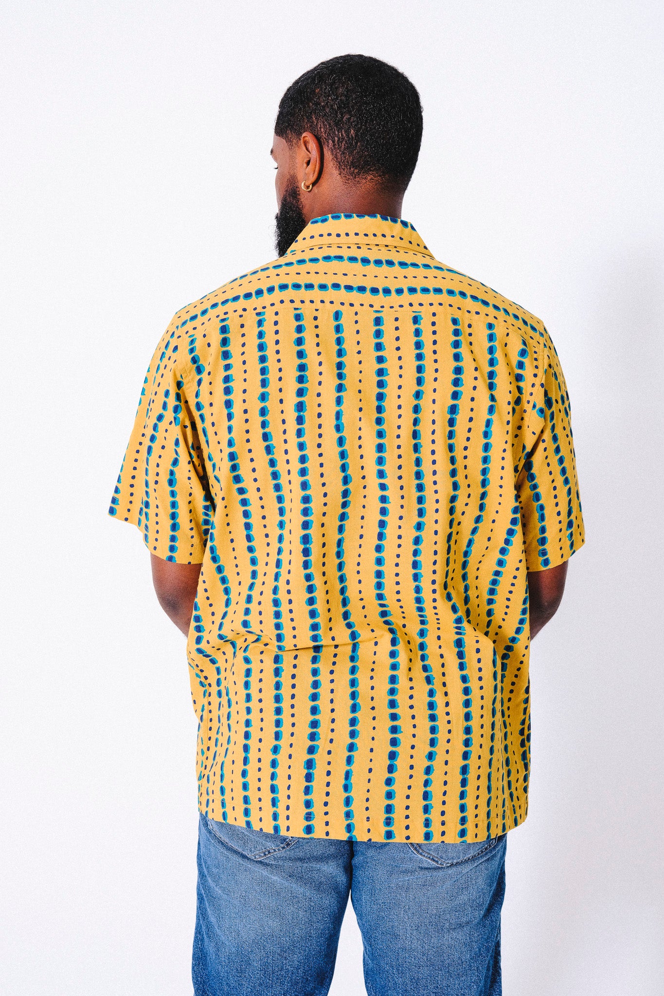 Hand Printed 'The Don' Camp Collar Shirt in Mustard and Teal Motif Print
