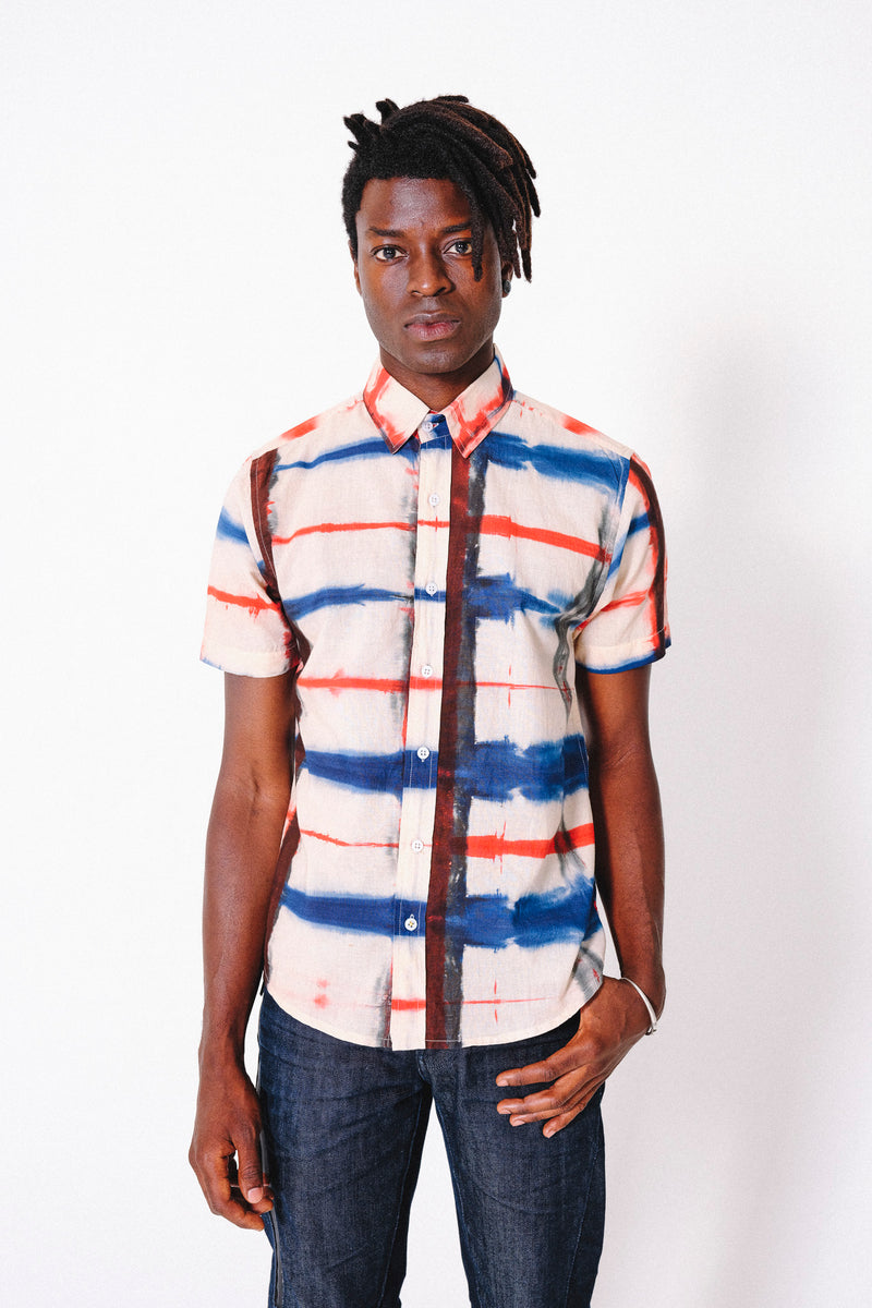 'The Sufi' Clamp Dye shirt in Red, White and Blue Geometric Print