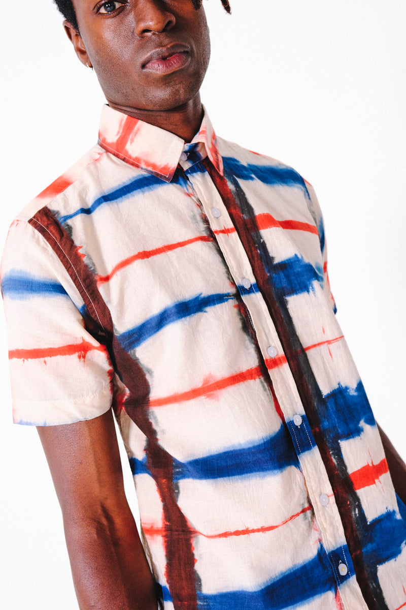 'The Sufi' Clamp Dye shirt in Red, White and Blue Geometric Print