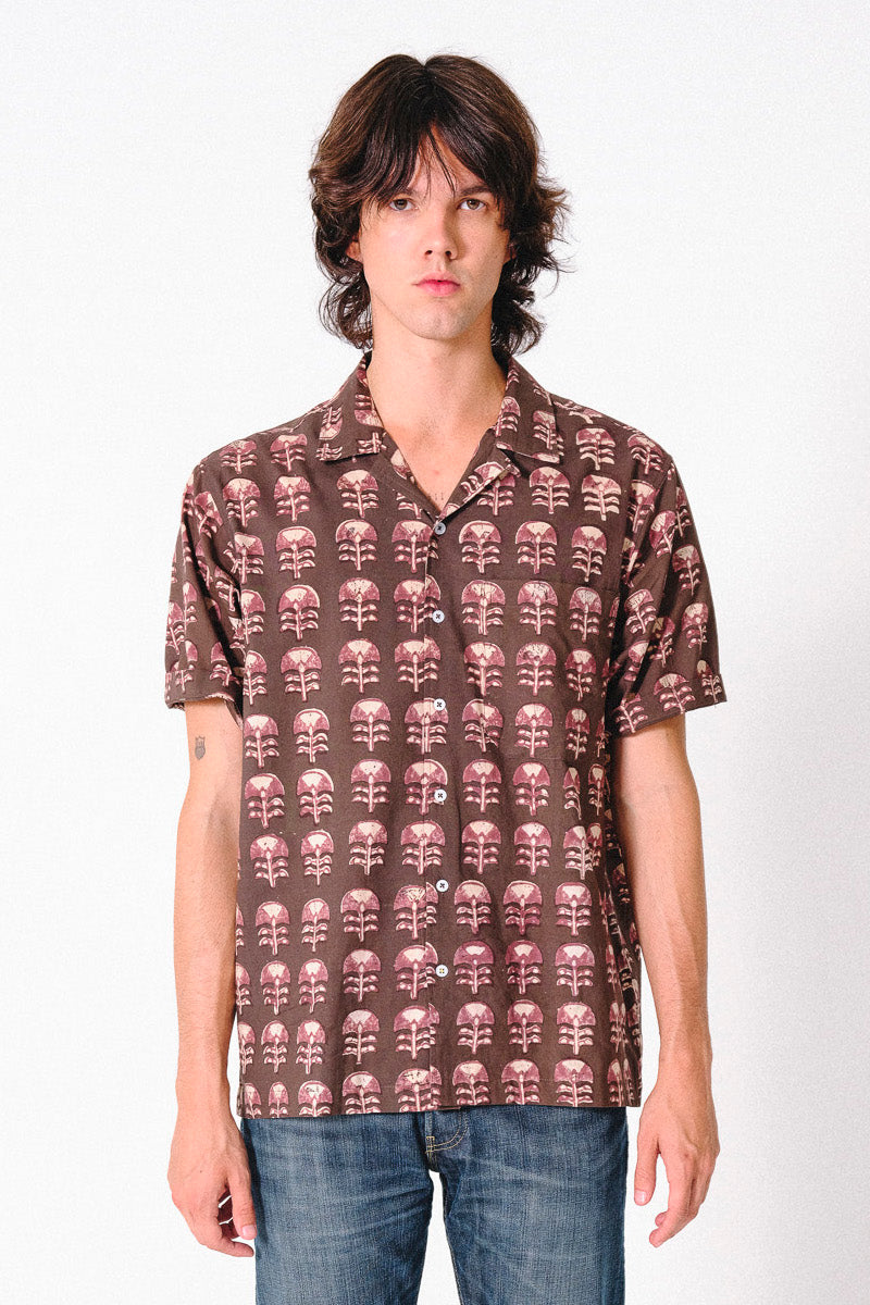 Hand Block Printed 'The Don' Camp Collar Shirt in Brown Tribal Motif