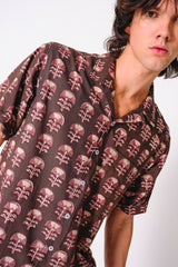 Hand Block Printed 'The Don' Camp Collar Shirt in Brown Tribal Motif