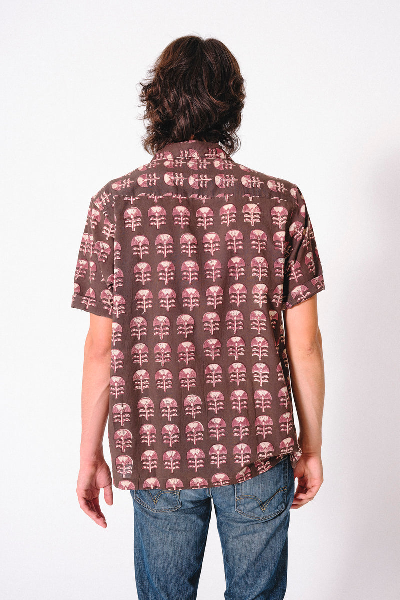 Hand Block Printed 'The Don' Camp Collar Shirt in Brown Tribal Motif