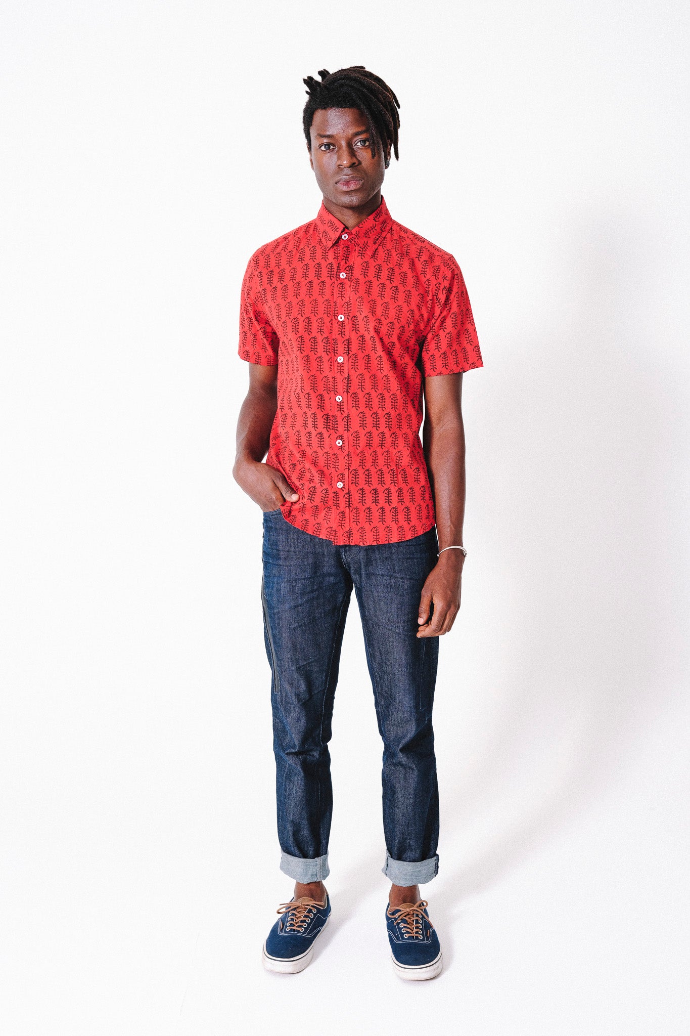 Hand Block Printed 'The Prat' Short Sleeve Shirt in Red Poppy Print