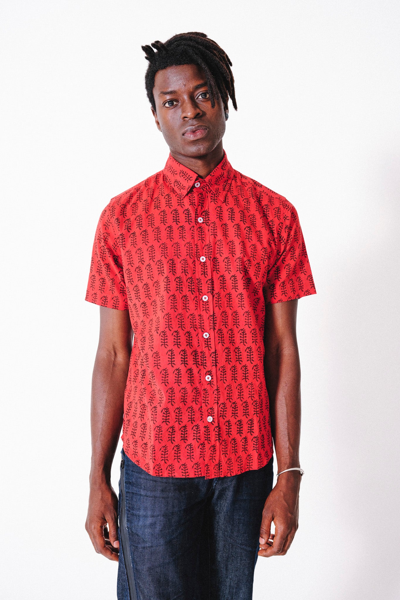 Hand Block Printed 'The Prat' Short Sleeve Shirt in Red Poppy Print