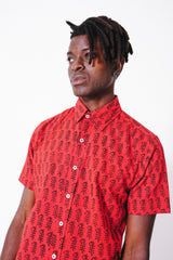Hand Block Printed 'The Prat' Short Sleeve Shirt in Red Poppy Print