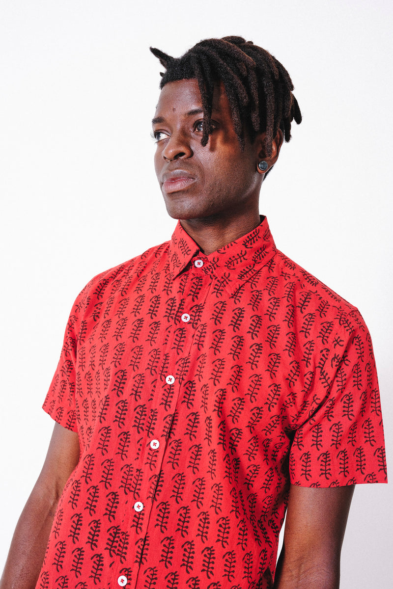 Hand Block Printed 'The Prat' Short Sleeve Shirt in Red Poppy Print