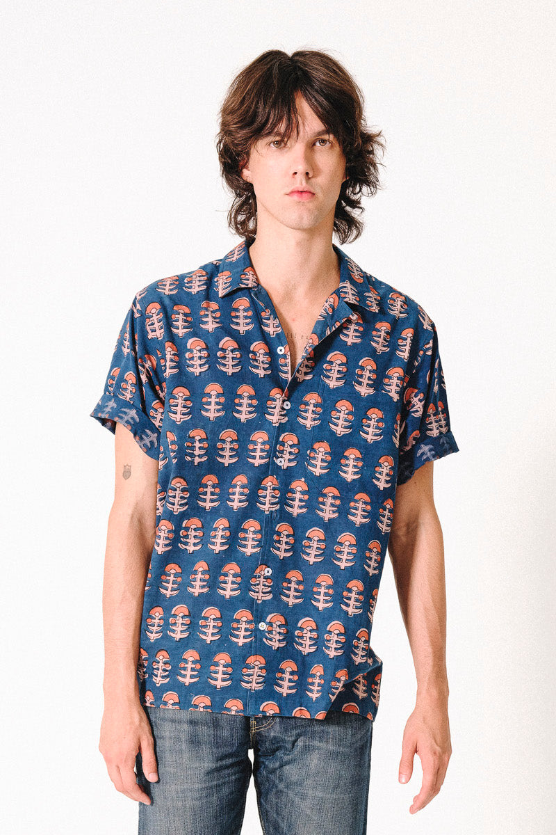 Hand Block Printed 'The Don' Camp Collar Shirt in Dark Blue Tribal Print