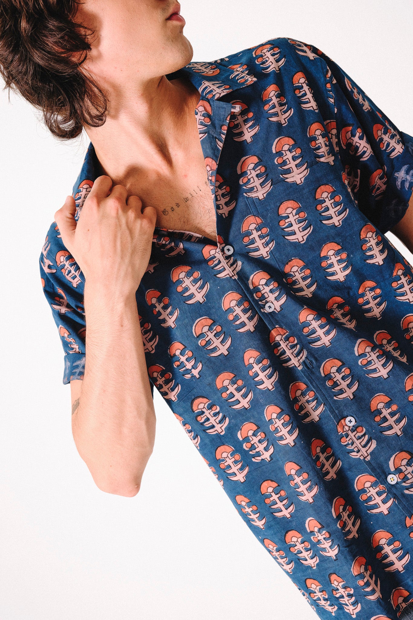 Hand Block Printed 'The Don' Camp Collar Shirt in Dark Blue Tribal Print