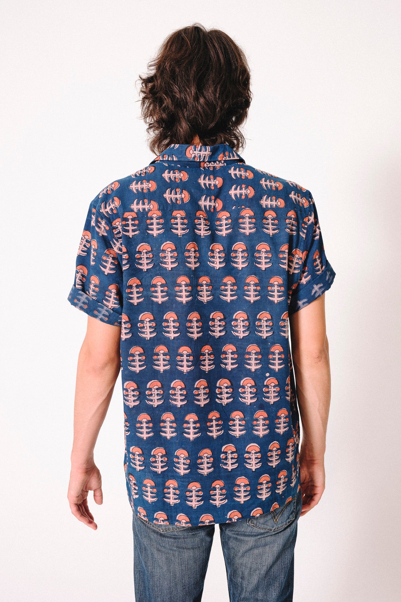 Hand Block Printed 'The Don' Camp Collar Shirt in Dark Blue Tribal Print