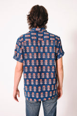 Hand Block Printed 'The Don' Camp Collar Shirt in Dark Blue Tribal Print