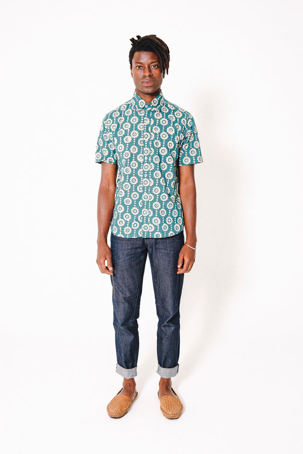 Hand Block Printed 'The Aby' Short Sleeve Shirt in Green Magnolia Batik Print