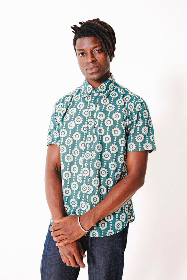 Hand Block Printed 'The Aby' Short Sleeve Shirt in Green Magnolia Batik Print