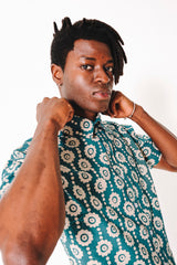 Hand Block Printed 'The Aby' Short Sleeve Shirt in Green Magnolia Batik Print