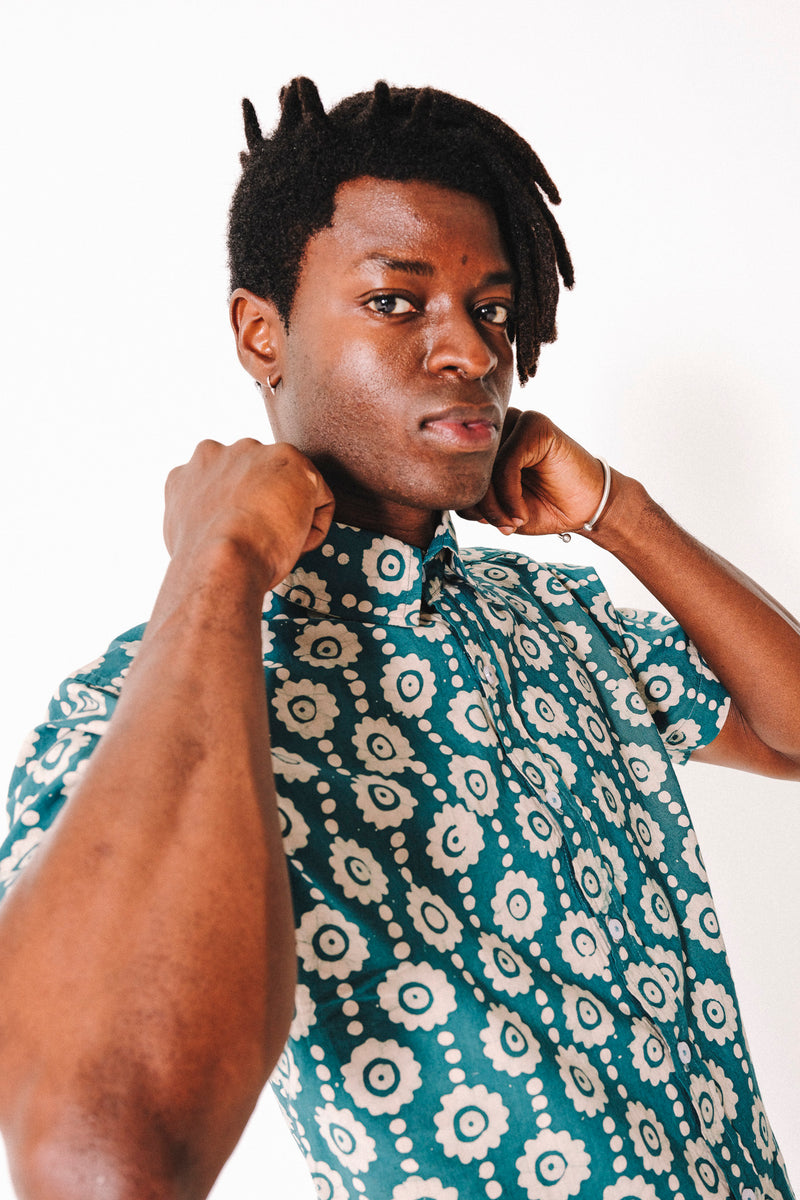 Hand Block Printed 'The Aby' Short Sleeve Shirt in Green Magnolia Batik Print