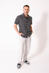 Hand Block Printed 'The Prat' Short Sleeve Shirt in Black and White Leaf Motif