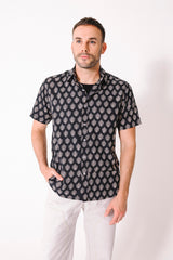 Hand Block Printed 'The Prat' Short Sleeve Shirt in Black and White Leaf Motif