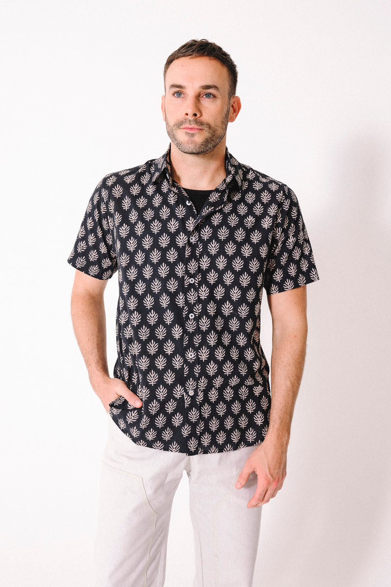 Hand Block Printed 'The Prat' Short Sleeve Shirt in Black and White Leaf Motif