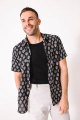 Hand Block Printed 'The Prat' Short Sleeve Shirt in Black and White Leaf Motif
