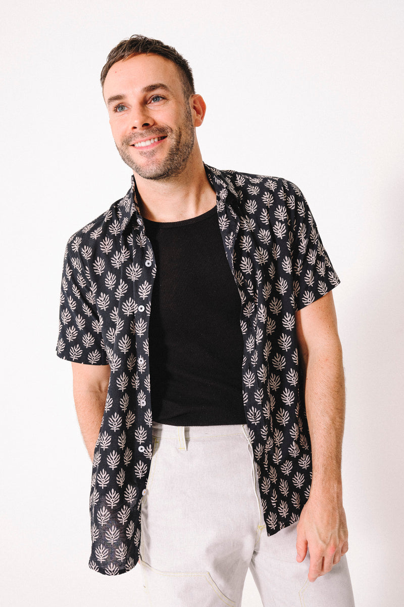 Hand Block Printed 'The Prat' Short Sleeve Shirt in Black and White Leaf Motif