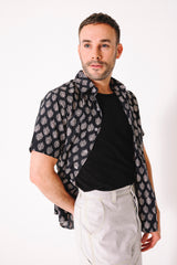 Hand Block Printed 'The Prat' Short Sleeve Shirt in Black and White Leaf Motif