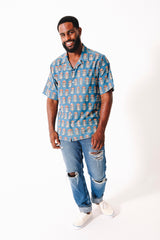 Hand Block Printed 'The Don' Camp Collar Shirt in Light Blue Tribal Print