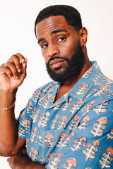 Hand Block Printed 'The Don' Camp Collar Shirt in Light Blue Tribal Print