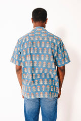 Hand Block Printed 'The Don' Camp Collar Shirt in Light Blue Tribal Print
