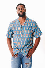 Hand Block Printed 'The Don' Camp Collar Shirt in Light Blue Tribal Print