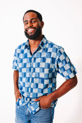 Hand Block Printed 'The Sufi' Short Sleeve Shirt in Indigo and Blue Checks