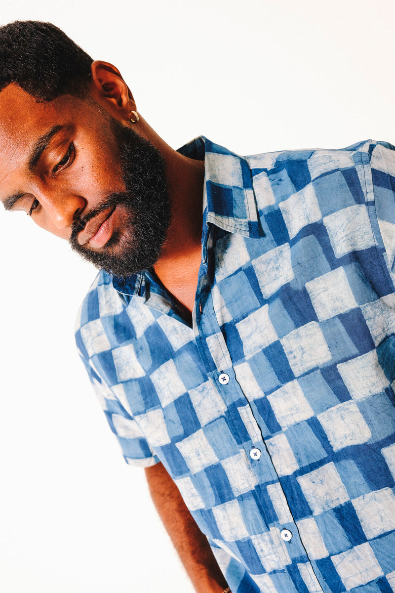 Hand Block Printed 'The Sufi' Short Sleeve Shirt in Indigo and Blue Checks