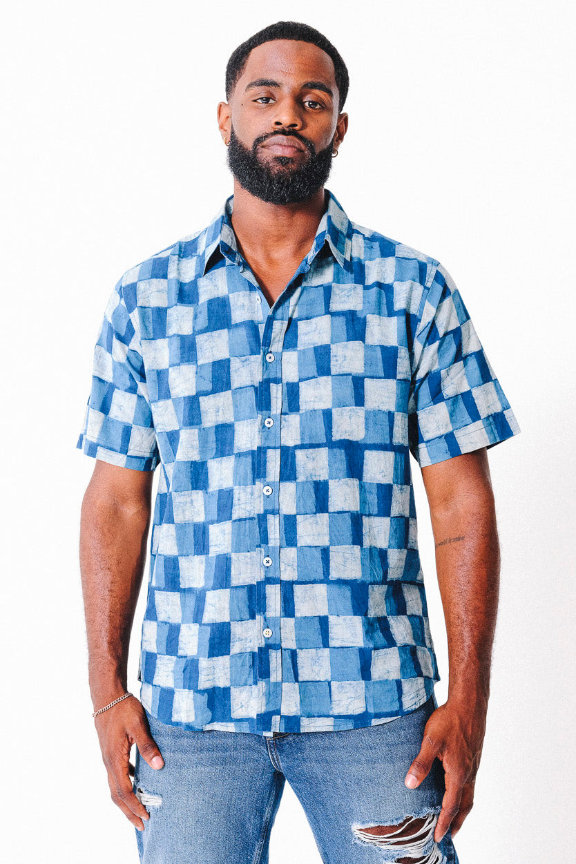 Hand Block Printed 'The Sufi' Short Sleeve Shirt in Indigo and Blue Checks