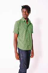 Hand Block Printed 'The Prat' Short Sleeve Shirt in Teal and Red Motif