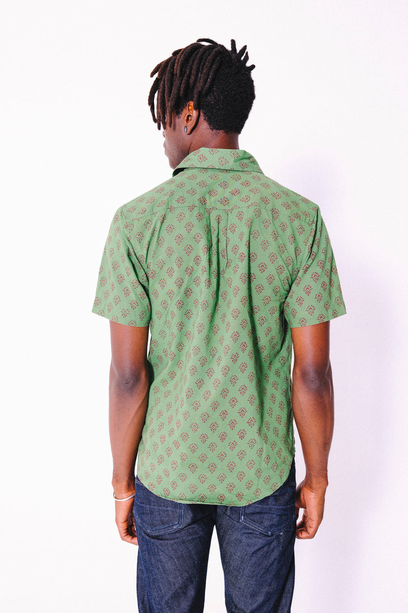 Hand Block Printed 'The Prat' Short Sleeve Shirt in Teal and Red Motif