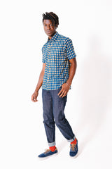 Hand Printed 'The Sheril' Short Sleeve Shirt in Blue and Red Motif