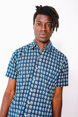 Hand Printed 'The Sheril' Short Sleeve Shirt in Blue and Red Motif