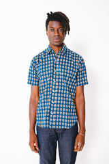 Hand Printed 'The Sheril' Short Sleeve Shirt in Blue and Red Motif