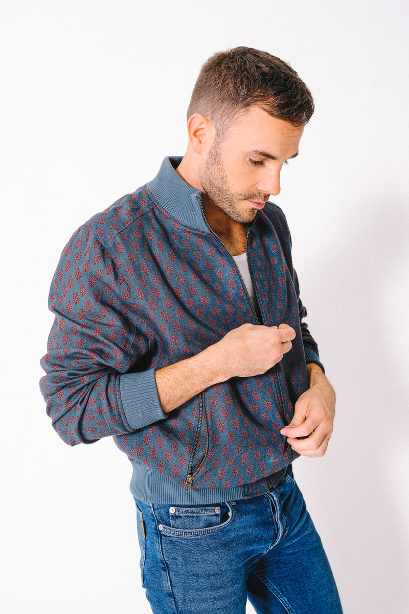 Hand Printed 'The Hadi' Bomber Jacket in Turquoise Motif