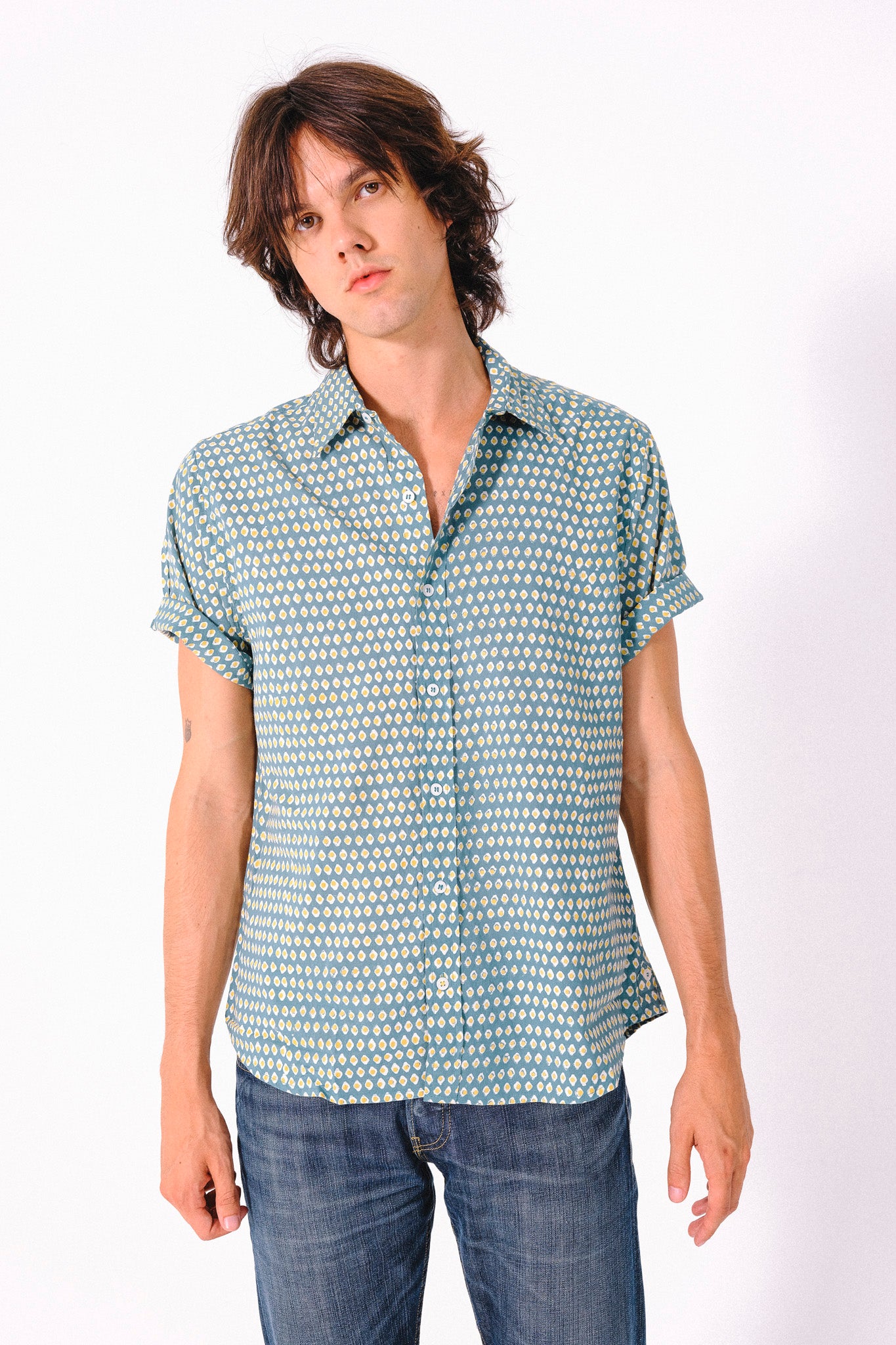 Hand Block Printed 'The Sheril' Short Sleeve Shirt in Avocado Print