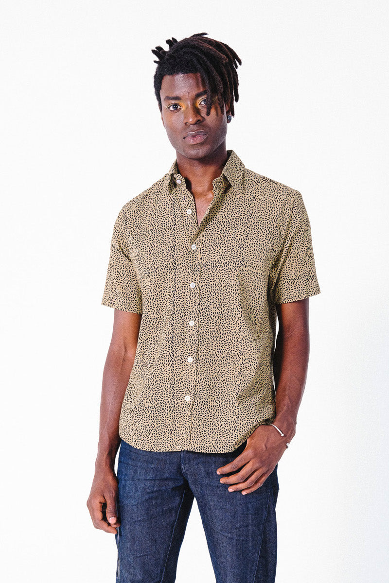 Hand Block Printed 'The Sheril' Short Sleeve Shirt in Kiwi 'Seeds' Print