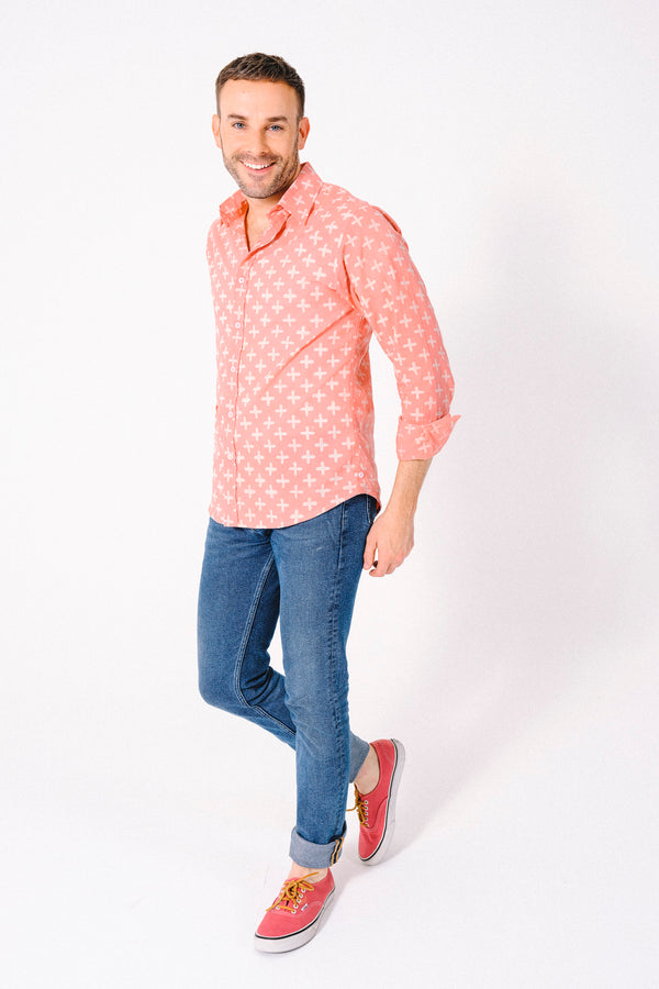 Hand Block Printed 'The Amir' Long Sleeve Shirt in Pink Plus Sign Print