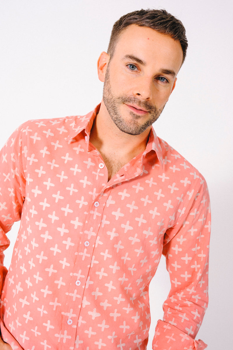 Hand Block Printed 'The Amir' Long Sleeve Shirt in Pink Plus Sign Print