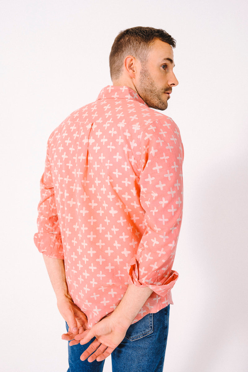 Hand Block Printed 'The Amir' Long Sleeve Shirt in Pink Plus Sign Print