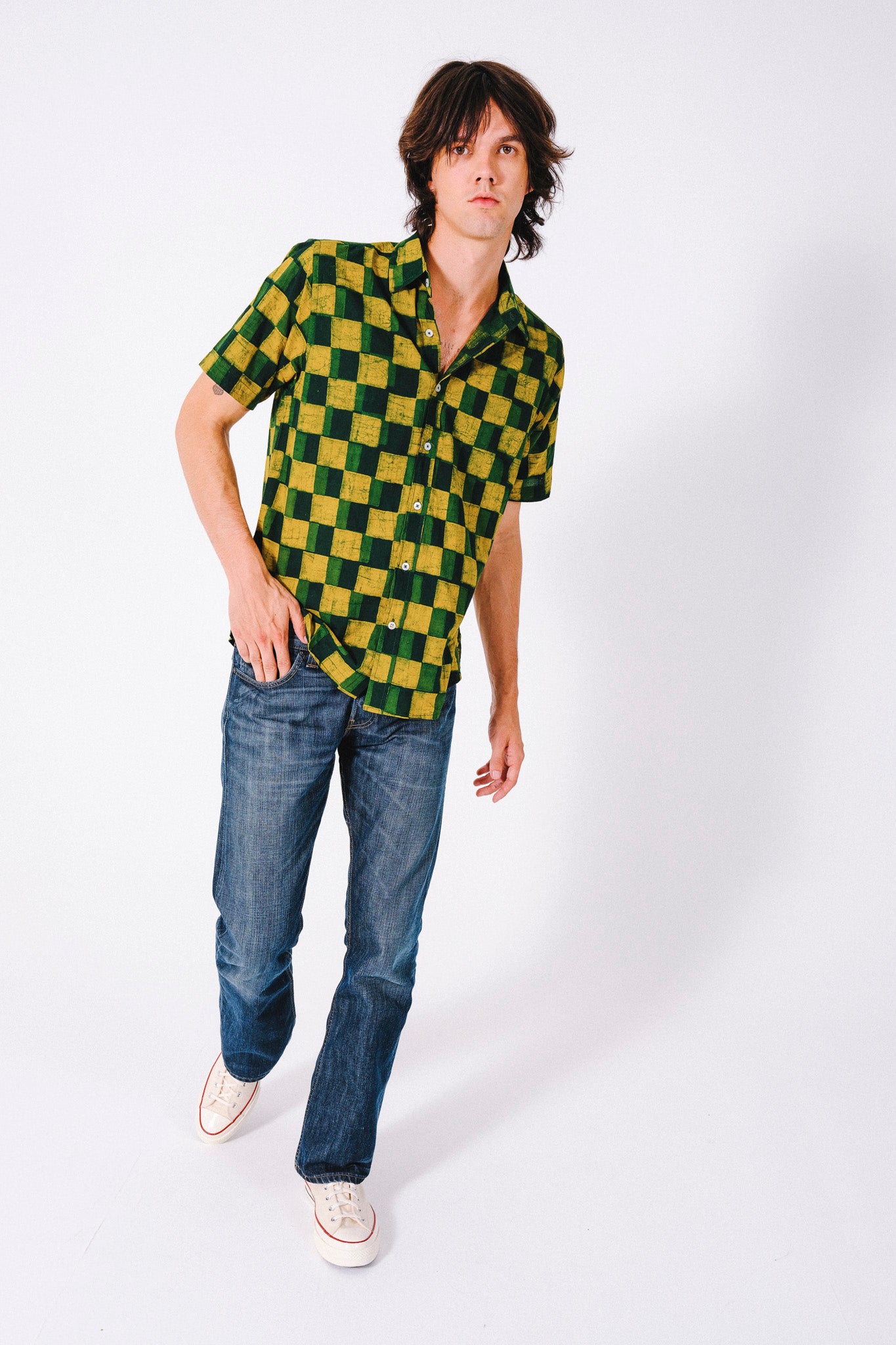 Hand Block Printed 'The Sufi' Short Sleeve Shirt in Green and Turmeric Checks