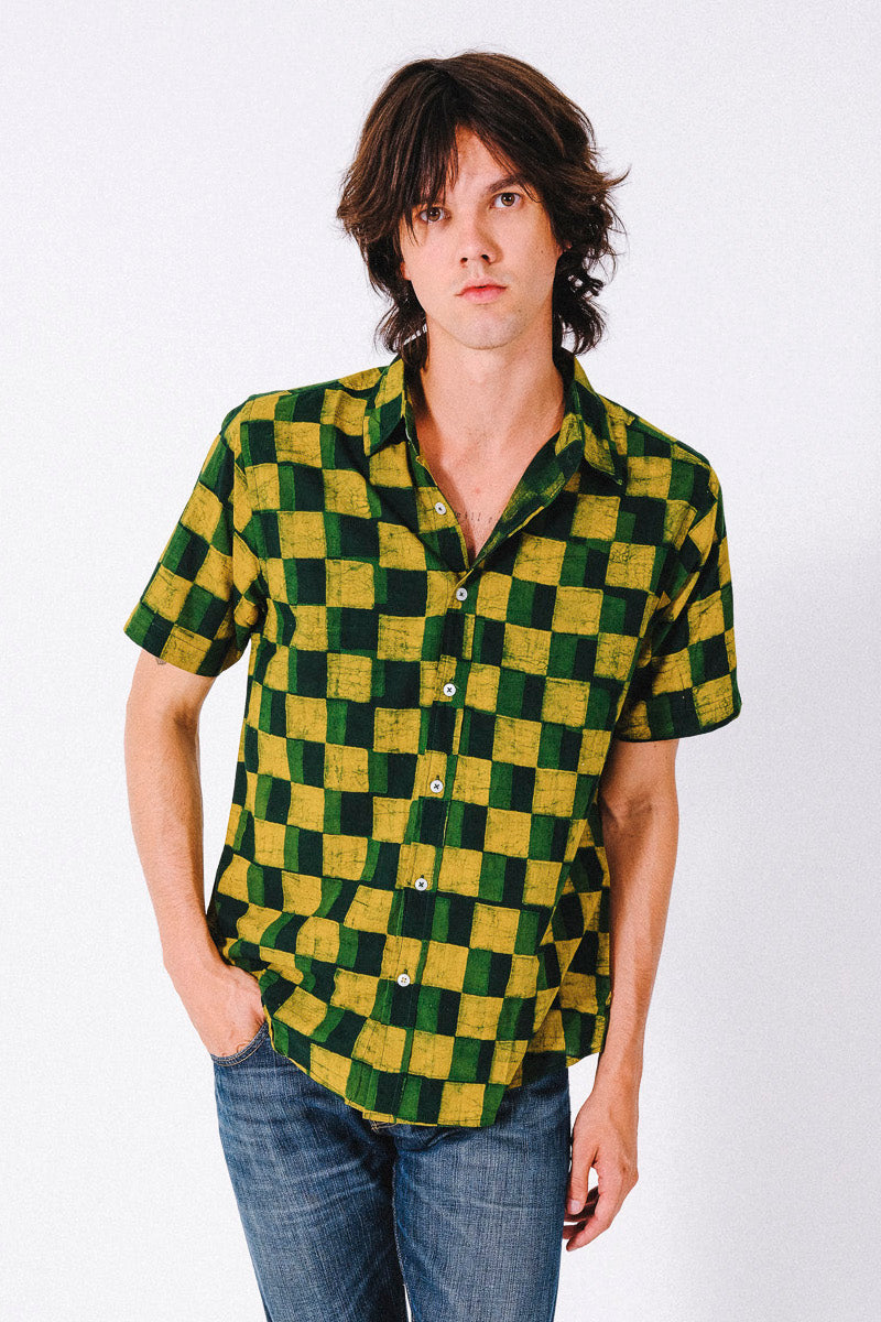 Hand Block Printed 'The Sufi' Short Sleeve Shirt in Green and Turmeric Checks